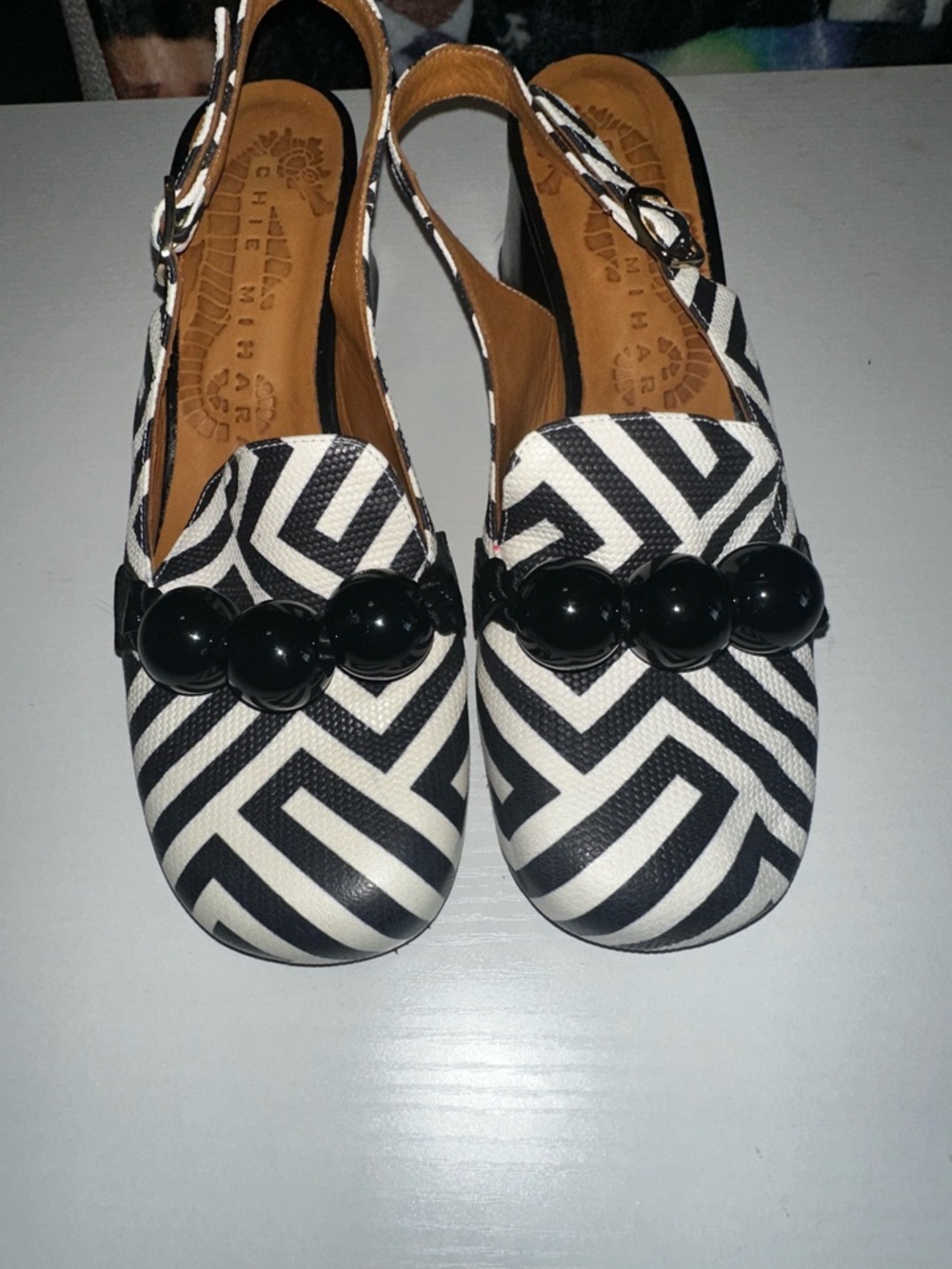 Chie Mihara Black and White Geometric Slingback Mules